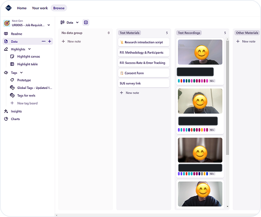 Usability test sessions managed using Dovetail